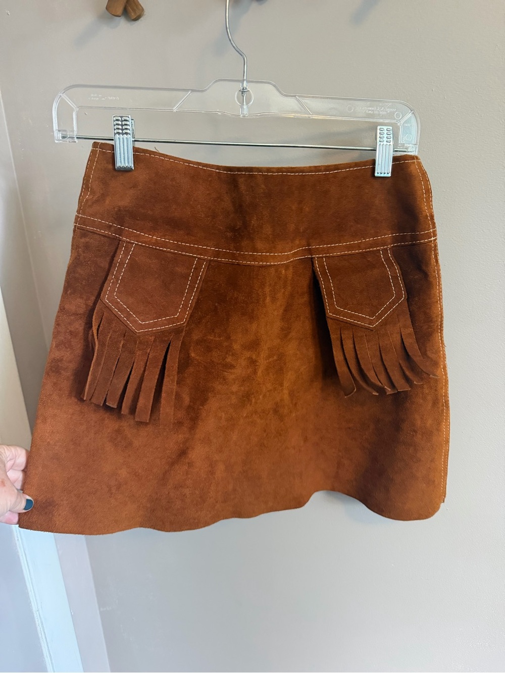 Vintage 70s Suede Leather Fringe Vest Mini Skirt Set Rust Brown XS S - Picture 6 of 13